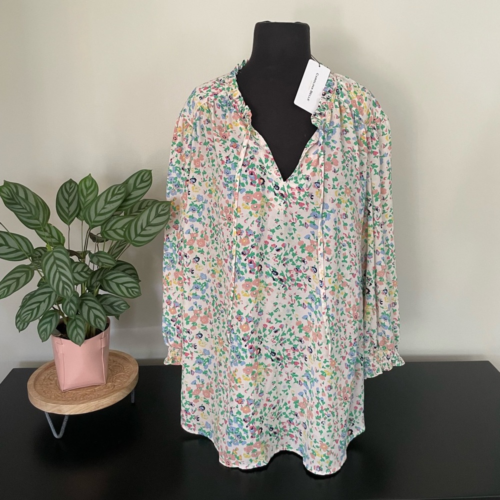 Carolina Belle Floral Print Blouse 3X Blush Pink Multi Front Tie NWT
